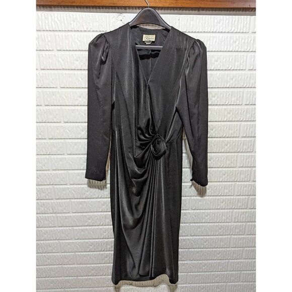 Rimini Vintage Women's Silky Black Long-Sleeve Wrap Dress Size 14 - Picture 1 of 10
